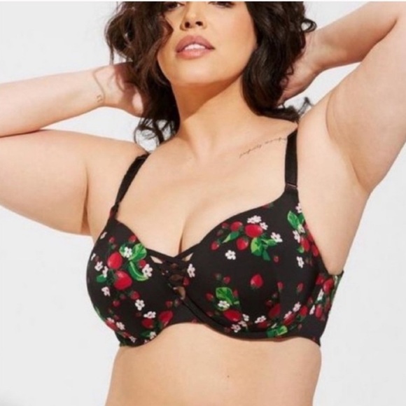 Torrid XO Back-Smoothing Push-up Plunge Strawberry Black Print Bra W-811 Sz 44C - Picture 1 of 11